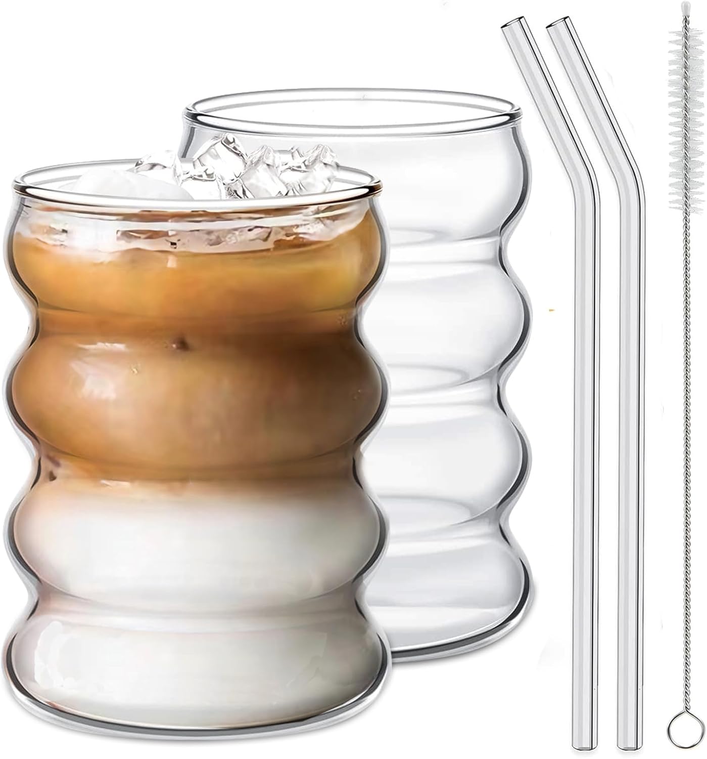 2 Pcs Drinking Glasses with Glass Straw 14oz with Cleaning Brushe