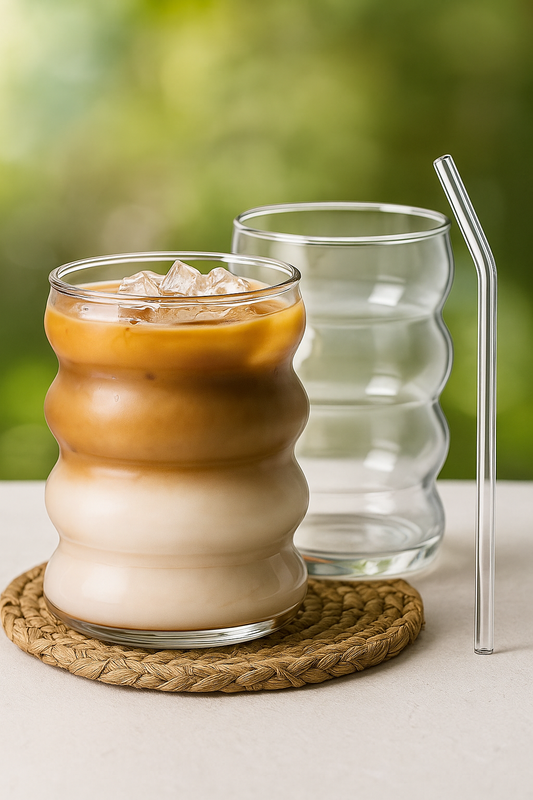 2-piece set of drinking glasses with glass straws, 14 oz, with cleaning brush – eco-friendly glassware by SIPONO