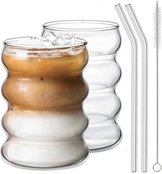 2 Pcs Drinking Glasses with Glass Straw 14oz with Cleaning Brushe
