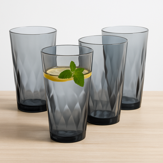 Set of 6 durable plastic drinking glasses on neutral beige background – modern glassware by SIPONO